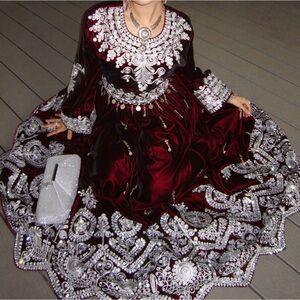 Elegant Afghan Burgundy and Silver Embroidered Dress